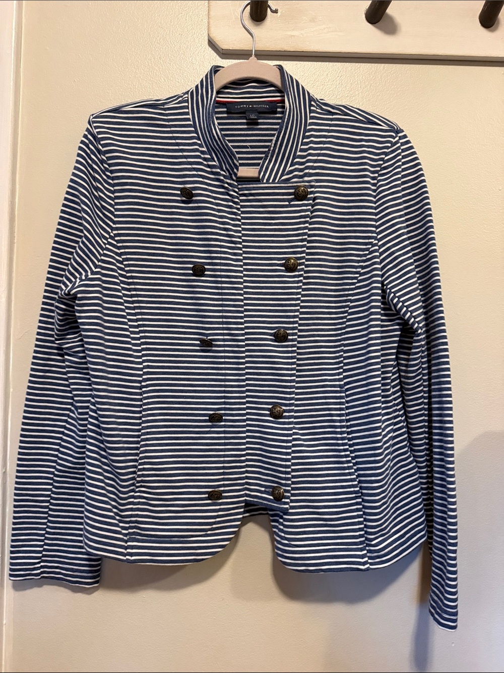 Tommy Hilfiger Striped Military Jacket Women’s L Navy White Double Breasted
